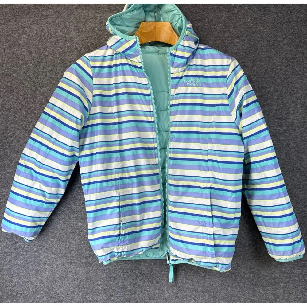 The North Face Reversible Hooded Jacket Girls L 14/16 Teal Or Striped Mossbud
